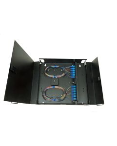 FIS Wall Mount Enclosure 2 Panel Deluxe Loaded with 2 Duplex LC/UPC Plates Pigtails & Splice Trays Black