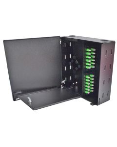 FIS Wall Mount Enclosure 4 Panel Deluxe Loaded with 4 Duplex LC/APC Plates Pigtails & Splice Trays Black