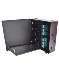 FIS Wall Mount Enclosure 4 Panel Deluxe Loaded with 4 Duplex SC OM3 Plates & Splice Trays Black