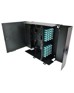 FIS Wall Mount Enclosure 8 Panel Deluxe Loaded with 8 Duplex LC OM3 Plates & Splice Trays Black