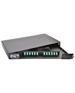FIS Rack Mount Enclosure Swingout 1RU Loaded with 2 Duplex LC OM3 Plates & Splice Trays Black