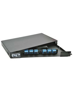 FIS Rack Mount Enclosure Swingout 1RU Loaded with 2 Duplex SC/UPC Plates & Splice Trays Black