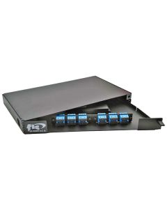FIS Rack Mount Enclosure Swingout 1RU Loaded with 2 Duplex SC OM3 Plates Pigtails & Splice Trays Black