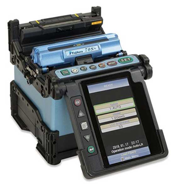 AFL 70S+ fusion splicer with blue outer housing, black protective bumpers and LCD touch screen showing splicer settings