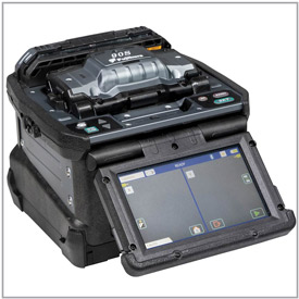 AFL 90S Fusion Splicer for single fibers in a dark charcoal housing with a black top and black protective bumpers showing the LCD touch screen monitor flipped slightly out