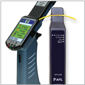AFL Fiber Identifiers OPM-BI on the left with blue handle and the screen is showing test results and OFI-200 on the right with dark charcoal gray outer housing and black faceplate