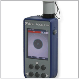 AFL FOCIS Flex Fiber Optic Connector inspection system with a blue outer housing and gray faceplate the LCD screen shows a clean connector end face